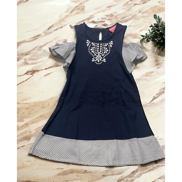 Isaac Mizrahi New York Girl’s Cold Shoulder Dress 4T Navy Embroidered Stripes - Picture 1 of 5